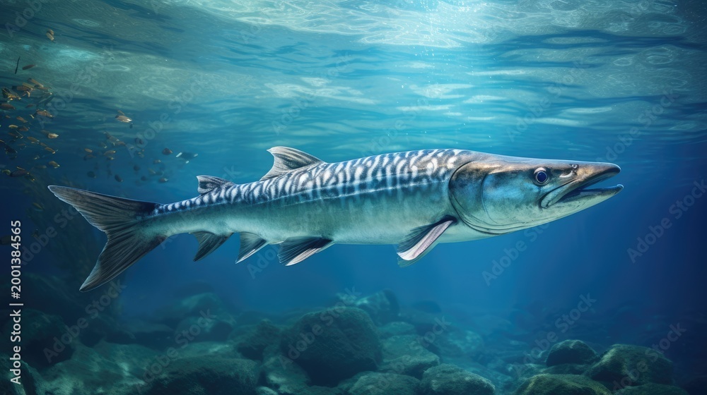 Naklejka premium Large barracuda gliding through crystal-clear waters