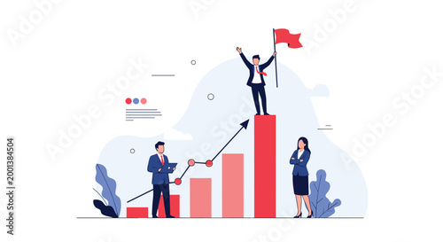Business success concept featuring a professional standing on the highest bar of a rising chart while holding a red flag.