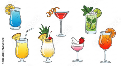 Collection of colorful tropical cocktail illustrations perfect for summer menus party invitations and bar promotions isolated on white