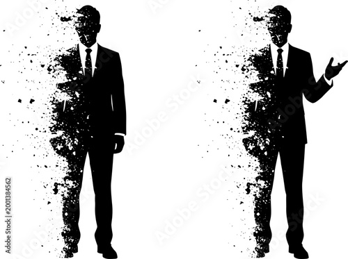 Businessman silhouette with particle dispersion effect showing disappearing figure concept isolated on white background for abstract corporate design