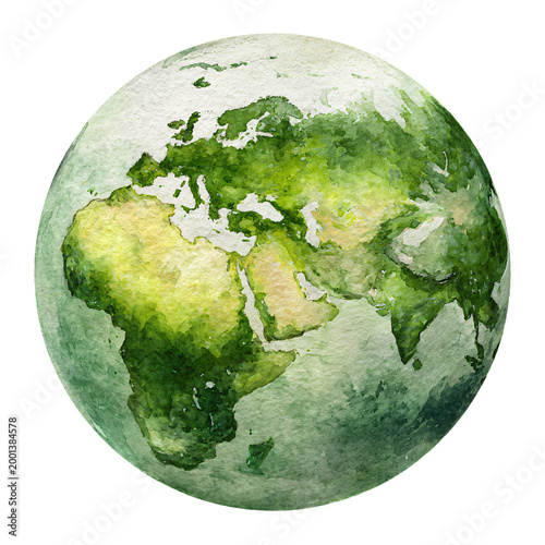 Watercolor Green Earth Isolated on Transparent Background - High-Quality Environmental Illustration for Designs
