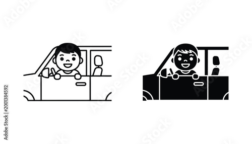 Young boy sitting in driver seat of a car icon in outline and solid black vector style for kids travel
