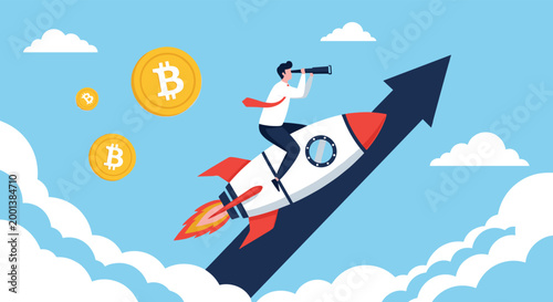 Ambitious businessman riding a rocket ship shaped like a Bitcoin through the clouds, representing cryptocurrency success.
