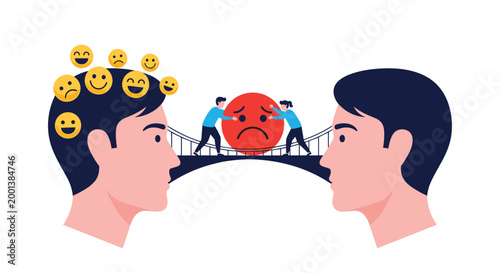 Two human head profiles connected by a bridge where tiny people are moving a sad emoji face, representing emotional support.