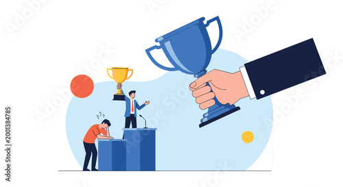 Large hand in a business suit holding a giant blue trophy over a podium for winners and losers, representing competition.