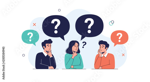 Three thoughtful individuals with question marks in speech bubbles above their heads, representing brainstorming and doubt.