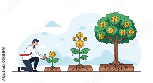 Financial growth concept showing the progression of a businessman planting a coin that grows into a large golden money tree.