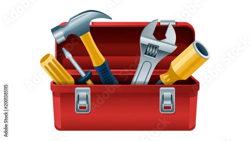 Colorful toolbox filled with assorted tools and items on a wooden surface Vector