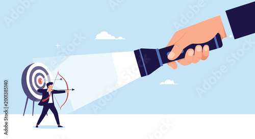 Large hand holding a flashlight to illuminate a target for an archer about to shoot an arrow, representing mentorship.