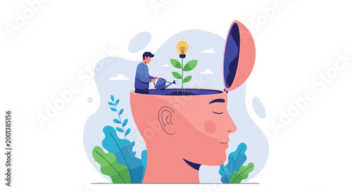 Tiny man watering a plant with a glowing light bulb inside an open human head, symbolizing the nurturing of creative ideas.