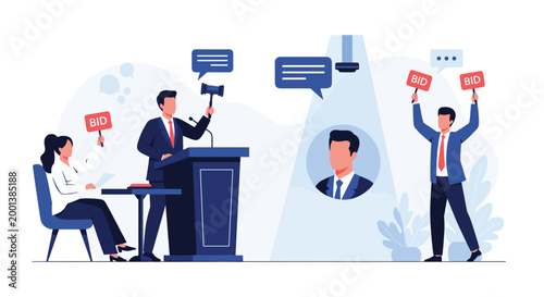 Professional auctioneer leading a bidding process with people holding signs and a spotlight on a portrait, representing sales.