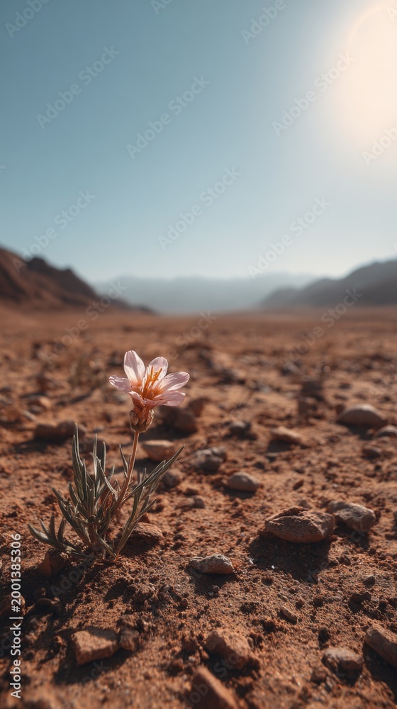Obraz premium Delicate flower growing in rocky soil under bright sunlight, vertical photo