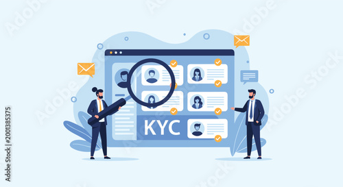 Security team using a large magnifying glass to verify identity profiles on a digital screen for know your customer kyc compliance protocols.