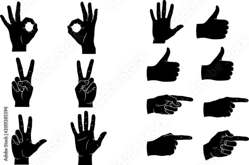 Hand gesture silhouettes set showing ok sign thumbs up pointing victory and open palm icons isolated on white background
