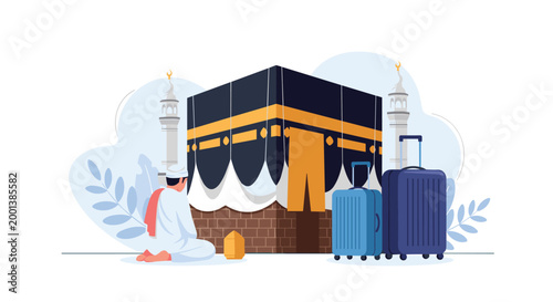 Devout muslim man kneeling in prayer before the holy kaaba in mecca with travel luggage prepared for the sacred hajj or umrah pilgrimage.