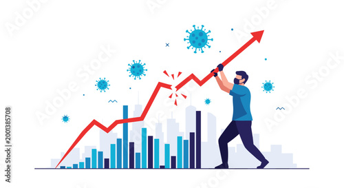 Healthcare professional wearing a face mask trying to fix a broken economic growth chart surrounded by virus particles representing covid impact.