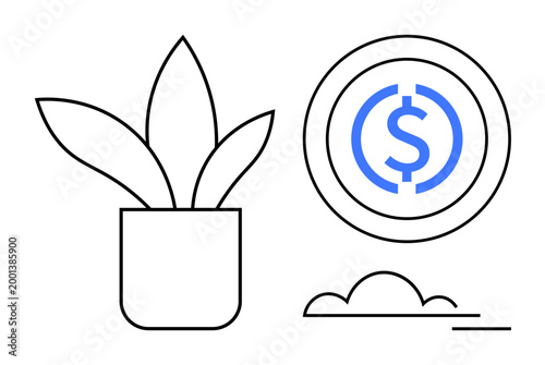 Finance, investment, savings, economic growth, natural wealth, financial planning. A potted plant next to a dollar symbol within a circle. Finance and investment concept