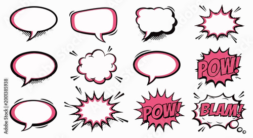 Collection of comic book speech and action sound effect bubbles