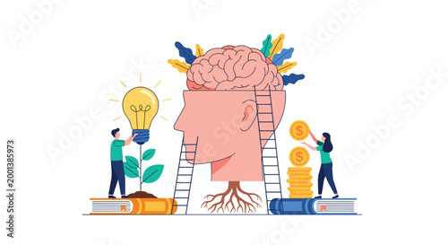 Team of people nurturing a giant head with a brain growing plants on books representing knowledge growth and lifelong education development.