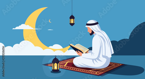 Devout muslim man sitting on a prayer mat and reading the holy quran under a large crescent moon representing ramadan religious observance.