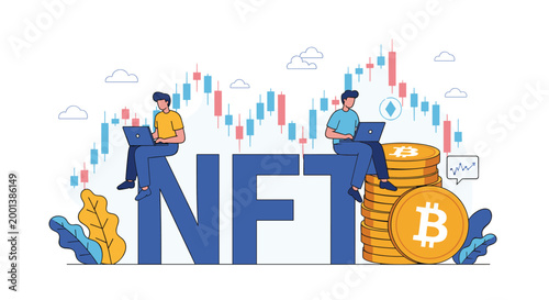 Cryptocurrency investors sitting on a large nft sign next to stacks of bitcoin coins and trading charts representing digital asset investment.