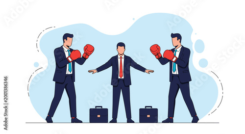 Professional mediator standing between two businessmen wearing boxing gloves to represent conflict resolution and negotiation in a corporate setting.