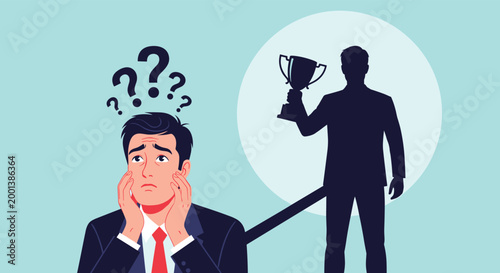 Worried businessman looking at his successful shadow holding a trophy representing the contrast between inner doubt and future potential for success.