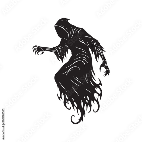 Spooky black ghost silhouette vector illustration, scary hooded grim reaper figure for Halloween horror design
