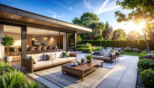 Modern home patio outdoor living space.
