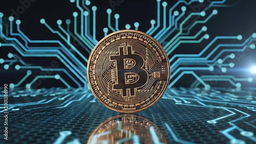 A gleaming Bitcoin coin rests on a reflective surface, surrounded by a network of glowing circuit board patterns, symbolizing the digital currency's technological foundation.