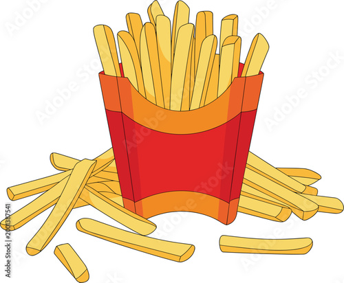 French fries fast food illustration, crispy potato snack in red carton isolated design