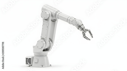 A robotic arm with a metal claw is positioned on a white surface.
