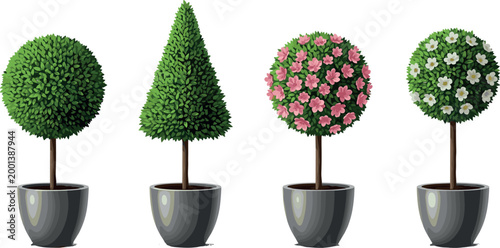 Realistic Potted Topiary Tree Set with Round Cone and Flowering Bush Shapes in Decorative Planters for Garden Landscaping Design