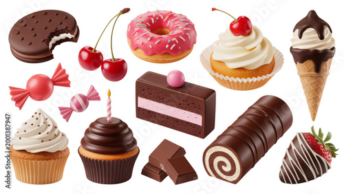 Assorted colorful desserts and pastries with red berries on white Vector