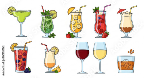 Collection of colorful cocktail and drink icons flat vector illustrations for bar menus parties and summer promotions isolated on white