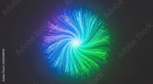 vibrant abstract light burst with neon blue and green rays on black background