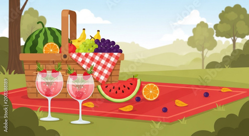 Summer picnic basket overflowing with fresh fruit two refreshing drinks on a checkered blanket in a park concept for outdoor leisure and healthy e