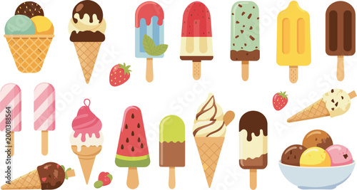 Ice cream collection set, colorful summer desserts with popsicles cones scoops chocolate strawberry and fruity frozen treats