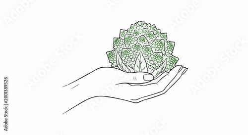 Delicate hand holding a fractal green vegetable with leaves