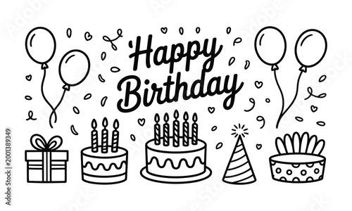Happy birthday celebration outline vector icons set with cakes balloons candles gift party hat birthday celebration balloons confetti occasion greeting decoration