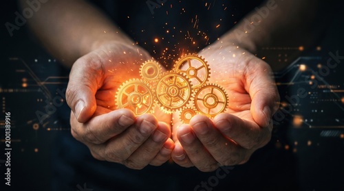 Close up of human hands holding glowing mechanical cogwheels representing innovation and technological synergy