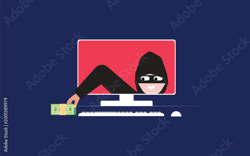 Hacker Attempting to Steal Money from Computer, Cyber Security Vector Animation for Online Fraud Protection and Internet Security