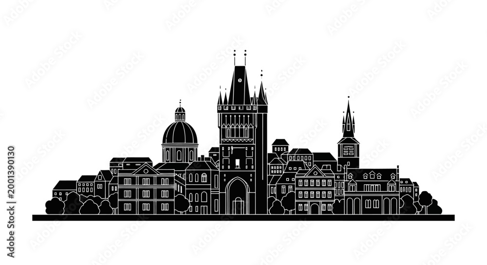 Obraz premium Prague Skyline Silhouette ? Iconic Czech City Architecture Vector Illustration