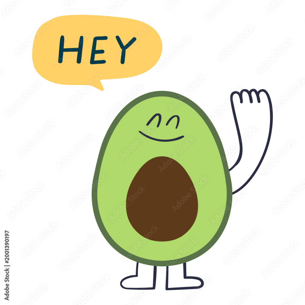 Фотография Avocado character waving hand with hey speech bubble