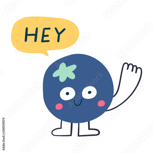 Fotografía Cute hand drawn blueberry character waving hand with hey speech bubble