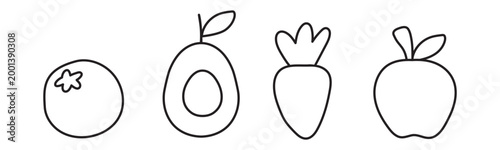 Fruit and vegetable outline vector icon set with apple carrot avocado and blueberry