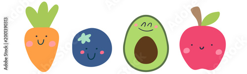 Bundle of cute hand drawn fruit and vegetable characters with happy faces