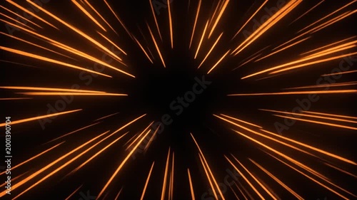 Pulsating orange light speed trails bursting from black hole center, abstract motion graphic animation loop, symbolizing fast travel, energy, and warp speed