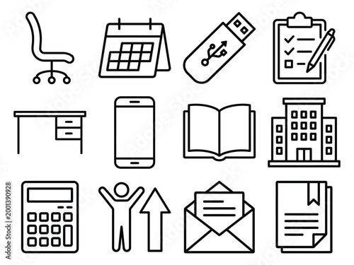 Office workplace and professional administration line art icons collection for business documentation and tasks