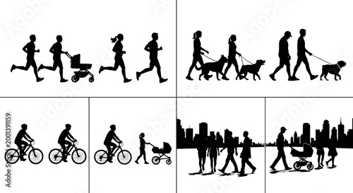 People activity silhouettes collection showing running walking cycling dog walking and baby stroller scenes with city skyline isolated on white background